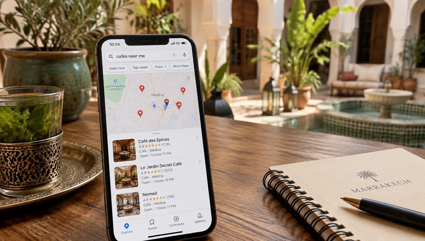 Recherche locale sur mobile à Marrakech affichant les fiches Google d'établissements avec avis et notes